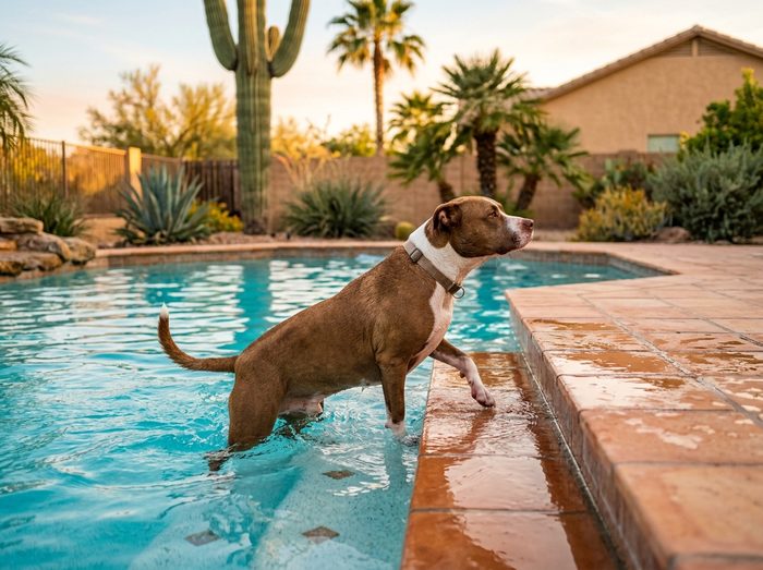 A brown and white dog calmly walking up the steps of a Phoenix backyard pool at golden hour, palm trees and saguaro cactus in the background