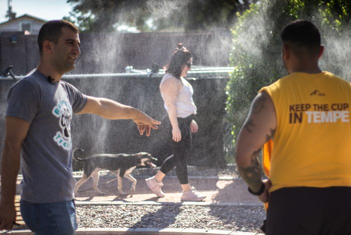 Phase 2: Yoni walking with a leashed dog through a Tempe park while another handler in a yellow shirt waits in the misting cooling area, real-world distraction practice