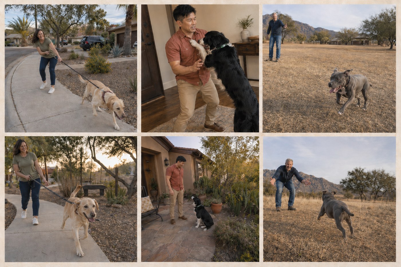 Three before-and-after pairs across three different owners and three different dogs: column one shows a woman with a yellow Labrador going from pulling on the leash to walking at heel; column two shows a man with a black-and-white Border Collie going from jumping up at the front door to sitting calmly on command; column three shows an older man with a pit bull mix going from ignoring a recall to running back to him on command