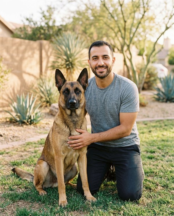 Yoni K., founder of Balancing Paws Dog Training, kneeling beside a calm attentive working-line dog